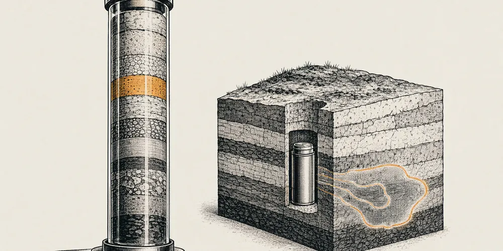 An inked illustration of a glass column of layered rock core beside a cutaway block of ground, in which a waste canister sits deep in the strata with a plume spreading from it.