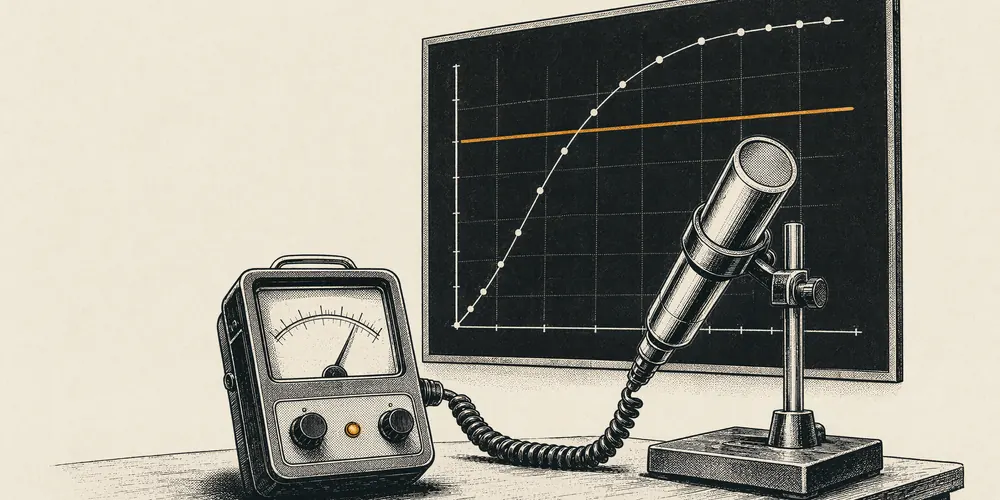 An inked illustration of a survey meter with an analogue dial, wired to a detector probe in a stand, in front of a board showing a response curve crossed by an amber reference line.